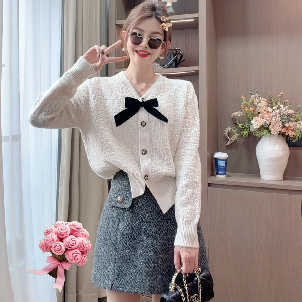 【容容定制】秋冬新款韩系蝴蝶结设计感百搭针织羊毛开衫1225