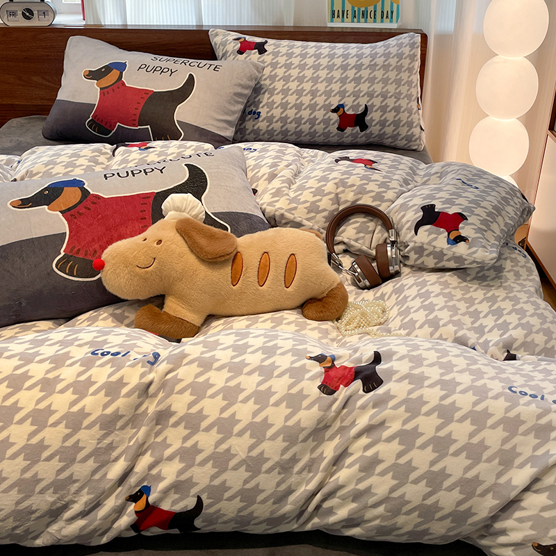 手拉手【趣味小汪】牛奶绒床上四件套床单被套三件套法兰绒加厚保暖