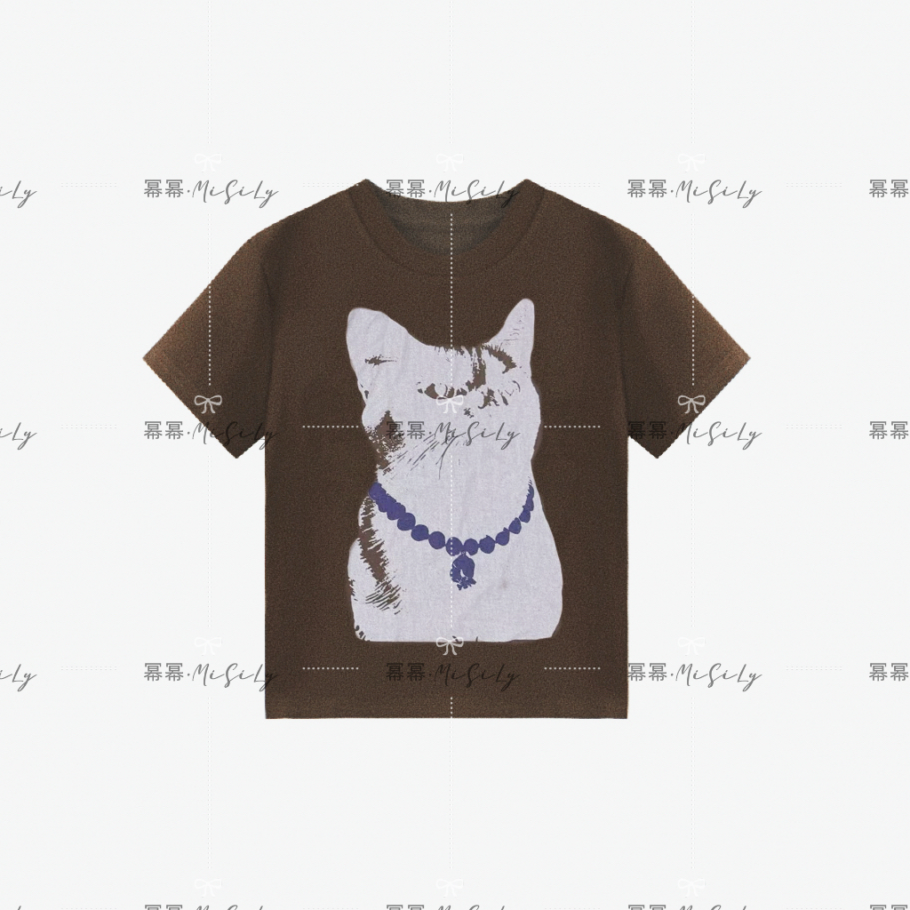 【美式猫咪】夏季新款时尚洋气上衣别致设计感猫咪正肩短袖t恤