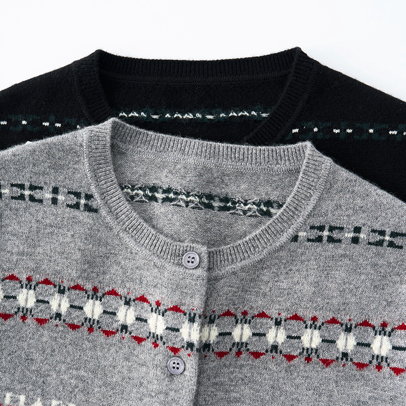 北方鹿【费尔岛提花开衫】100绵羊毛早秋新款圆领提花长袖女251115