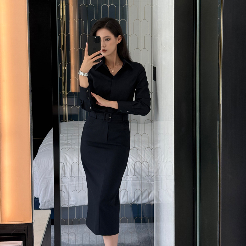 【精英衣橱】气质OL通勤卡班蓝衬衫半身裙两件套-3651