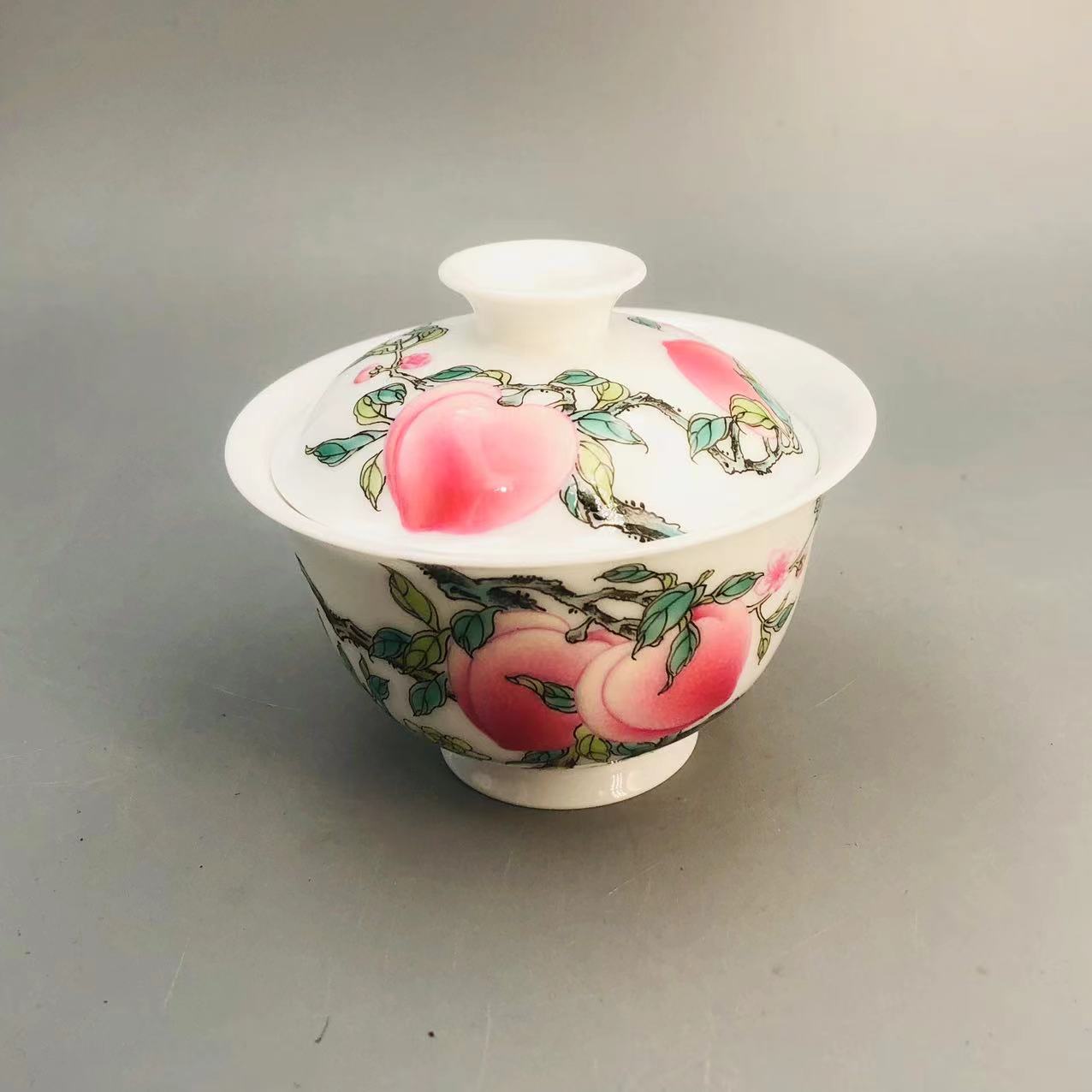 景德镇官方甄选 奉旨官窑 五桃白地盖碗C041006