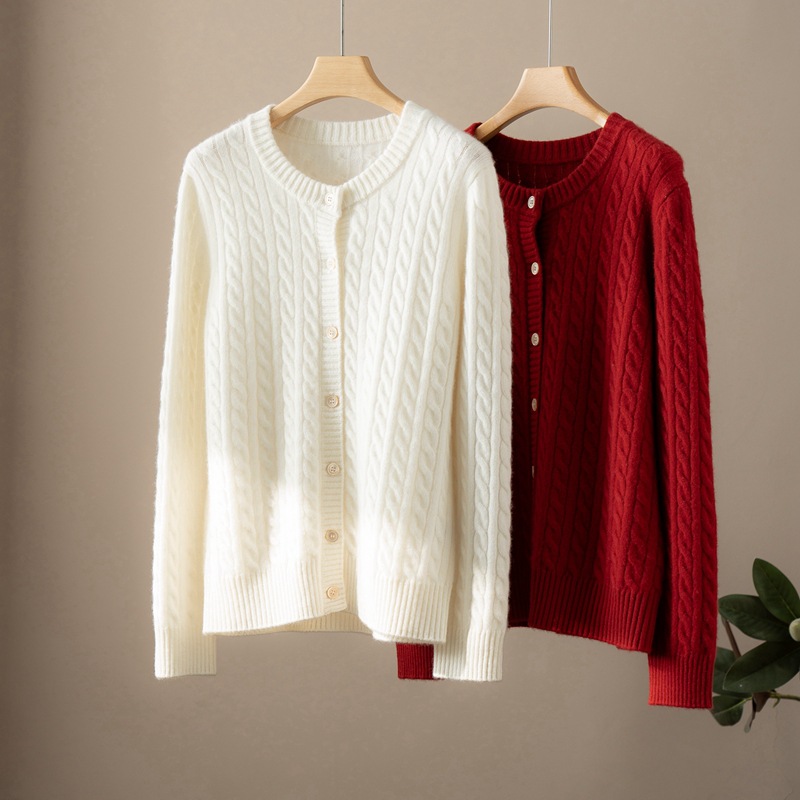 202秋冬季新款圆领100%山羊绒开衫女毛衣外套宽松羊绒针织衫外搭