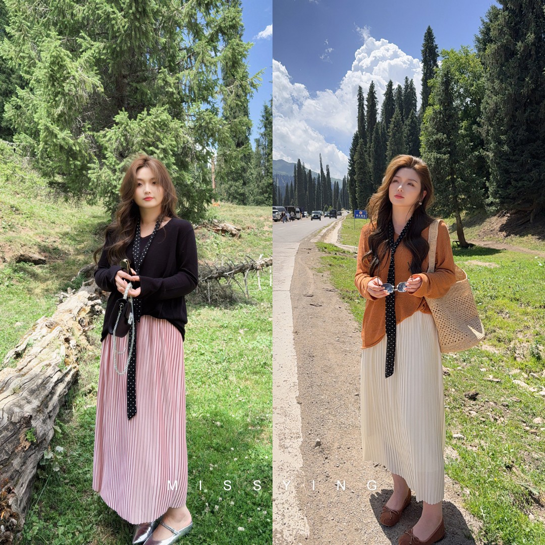 应小姐【浮光曲】微胖大码女装夏季设计感宽松高腰风琴褶琉光半身裙