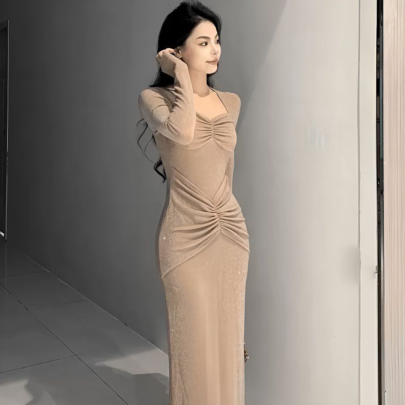 时尚气质连衣裙压褶设计遮肉修身直筒裙优雅后开叉长裙子