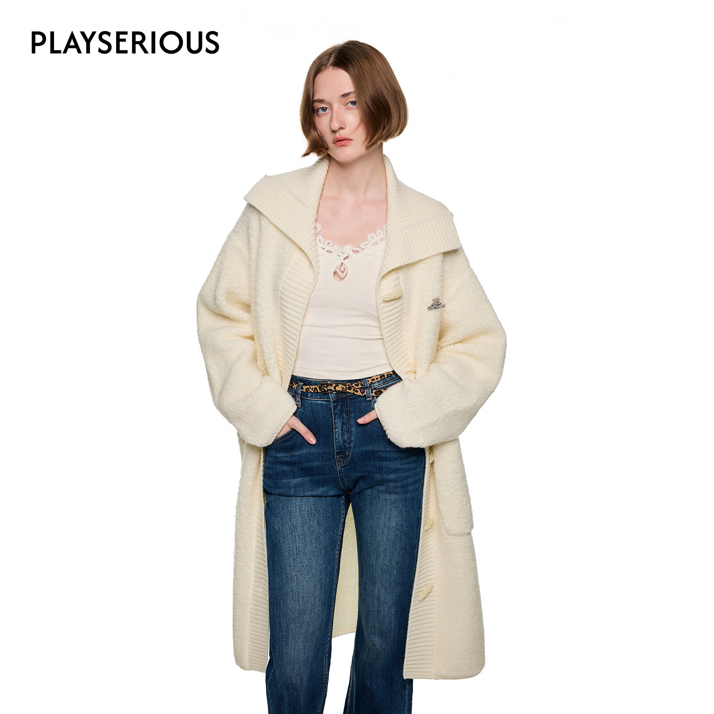 SHRO ENRO 2025秋季新款重磅羊毛中长宽松牛角扣开衫女慵懒风开衫