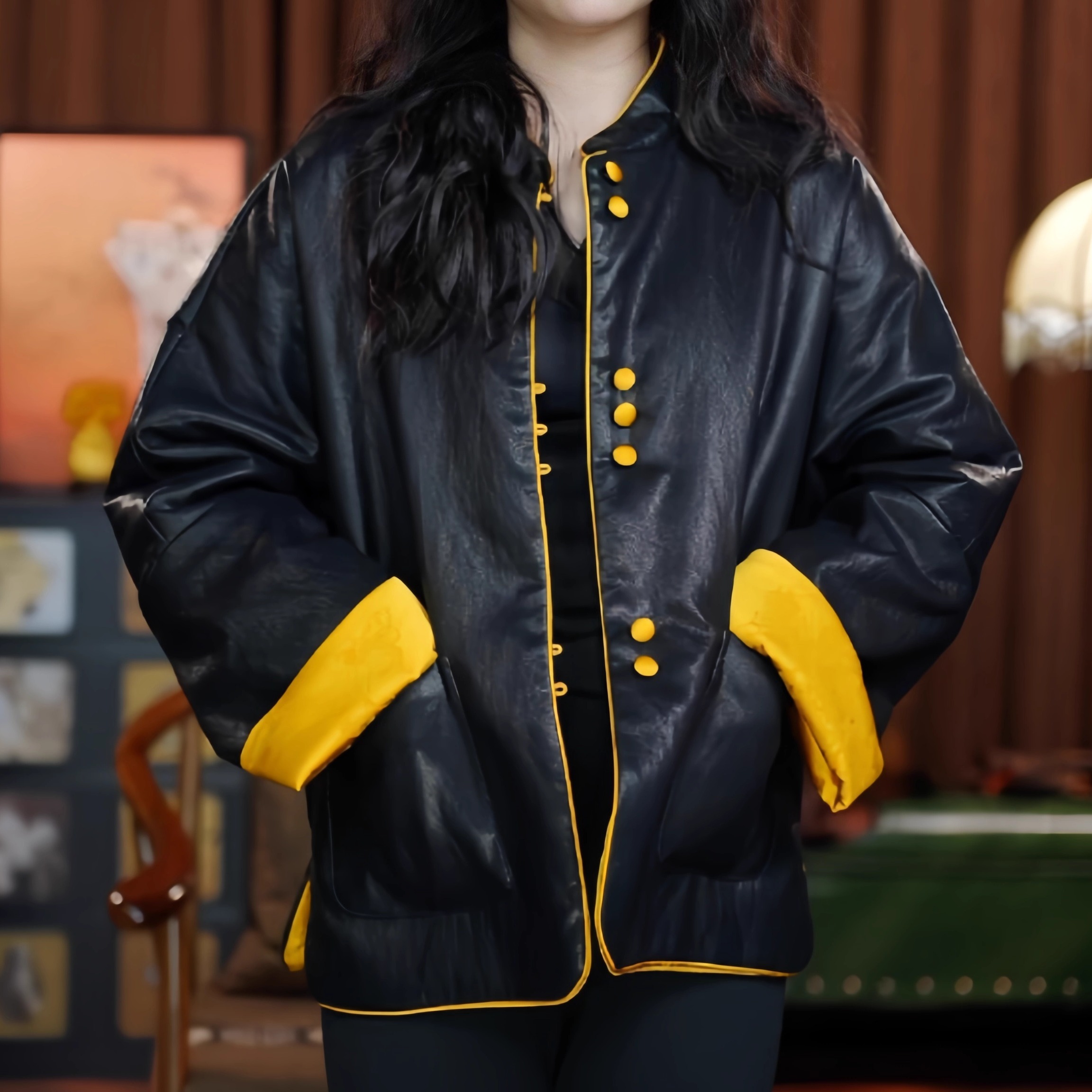 钧天广乐（黑色）双面双穿刺绣长袖皮衣女装上衣加棉外套