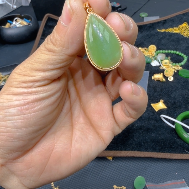 和田玉（碧玉）戒指银S925镀金镶嵌