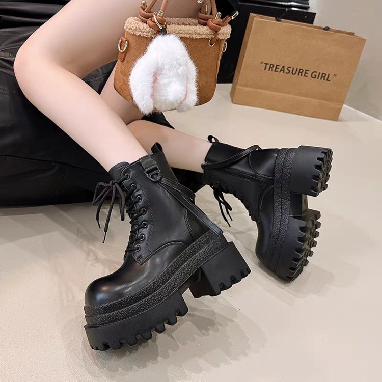 欧货厚底马丁靴女2025新款冬季加绒保暖靴子小个子增高短筒机车靴