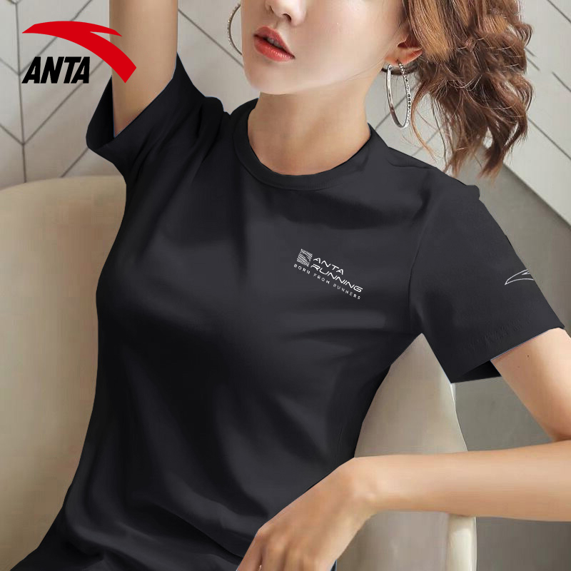 安踏速干短袖T恤女2025新款夏季冰丝跑步服黑色上衣运动半袖女装