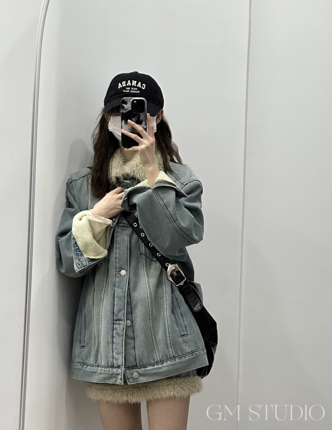 韩版拼接毛领牛仔外套高腰半身裙两件套复古冬季女装