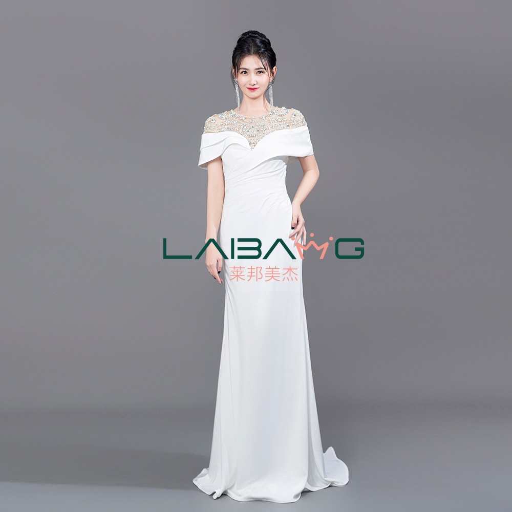 法式风格优雅鱼尾礼服美声新款主持人婚礼演出服白色