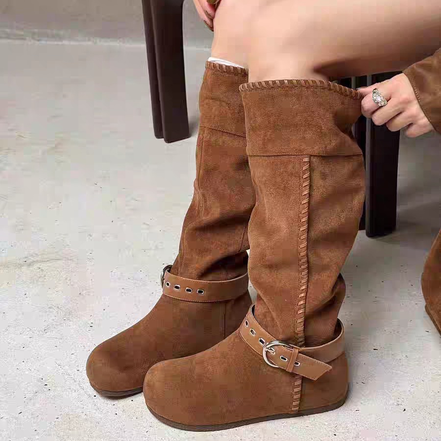 B1-85980-1韩系手工粗跟裸靴金属磨砂绒面小短靴时尚圆头瘦瘦靴女