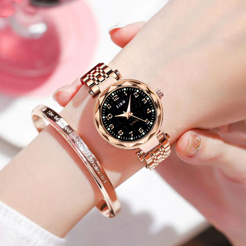 品牌精钢带时尚休闲百搭轻奢石英防水女士腕表香槟色圆盘S103