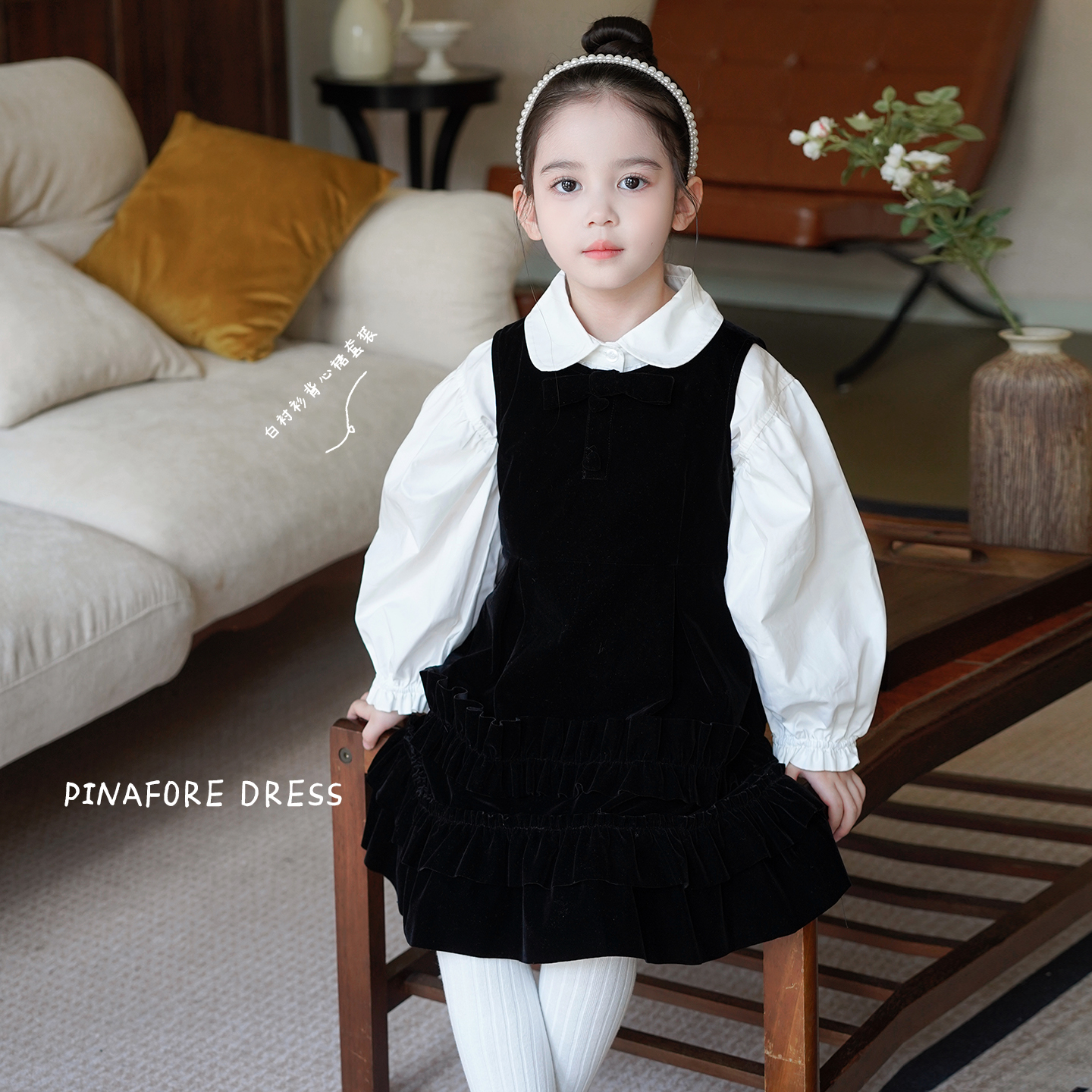 AnnieGirl秋季女童韩版丝绒裙复古黑色双层花边圆领背心裙2025