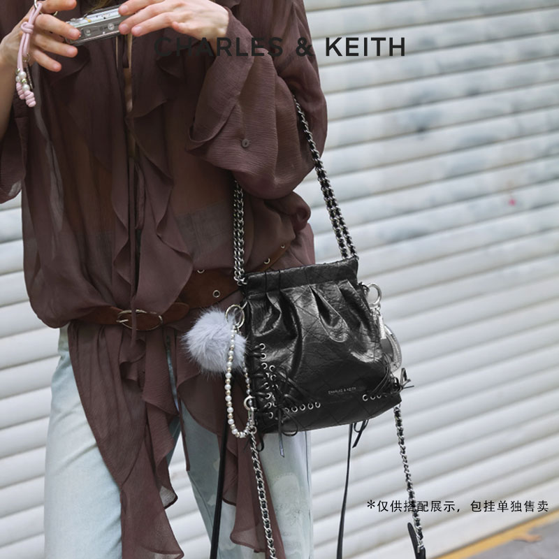 CHARLES & KEITH【流光风】25新款蝴蝶结绑带链条流浪包60782390-B