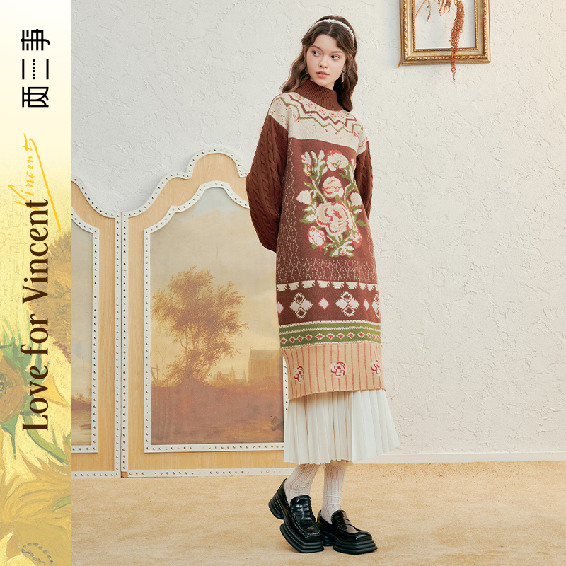 【黄蓉专属】两三事梵高文艺繁世花调 森女风花色高领毛衣裙连衣裙S