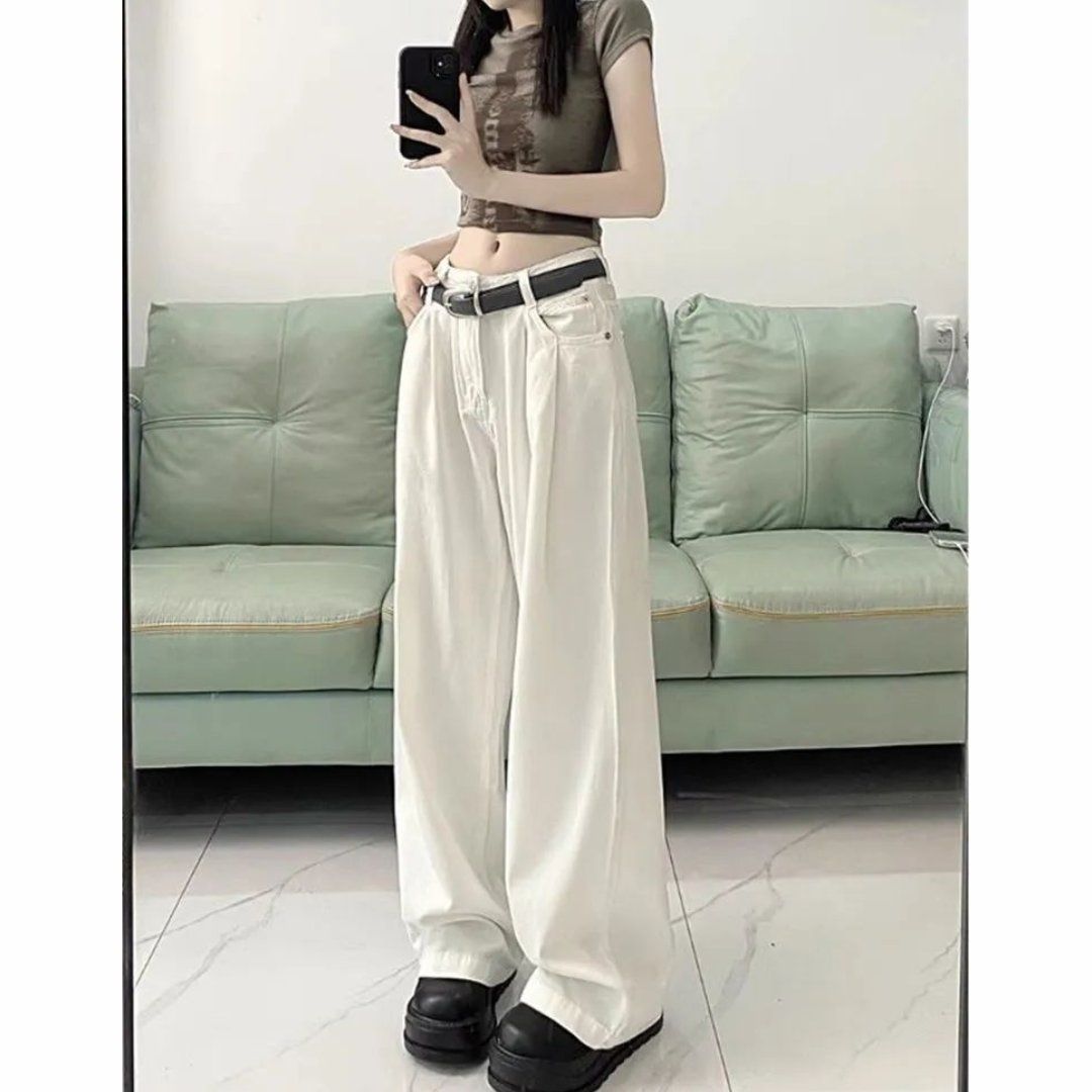 白色美式高街牛仔裤女小众春秋新款高腰垂感拖地宽松显瘦阔腿长裤