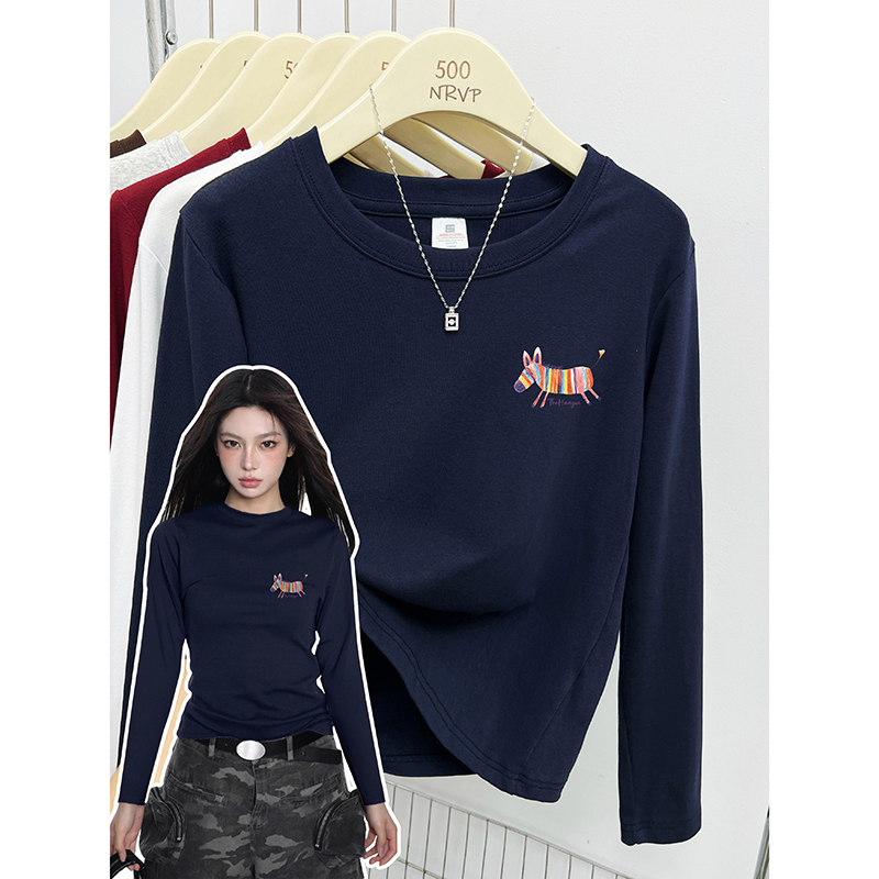 秋冬休闲卡通印花长袖修身t恤女正肩高弹力棉胖mm显瘦大码女装ins