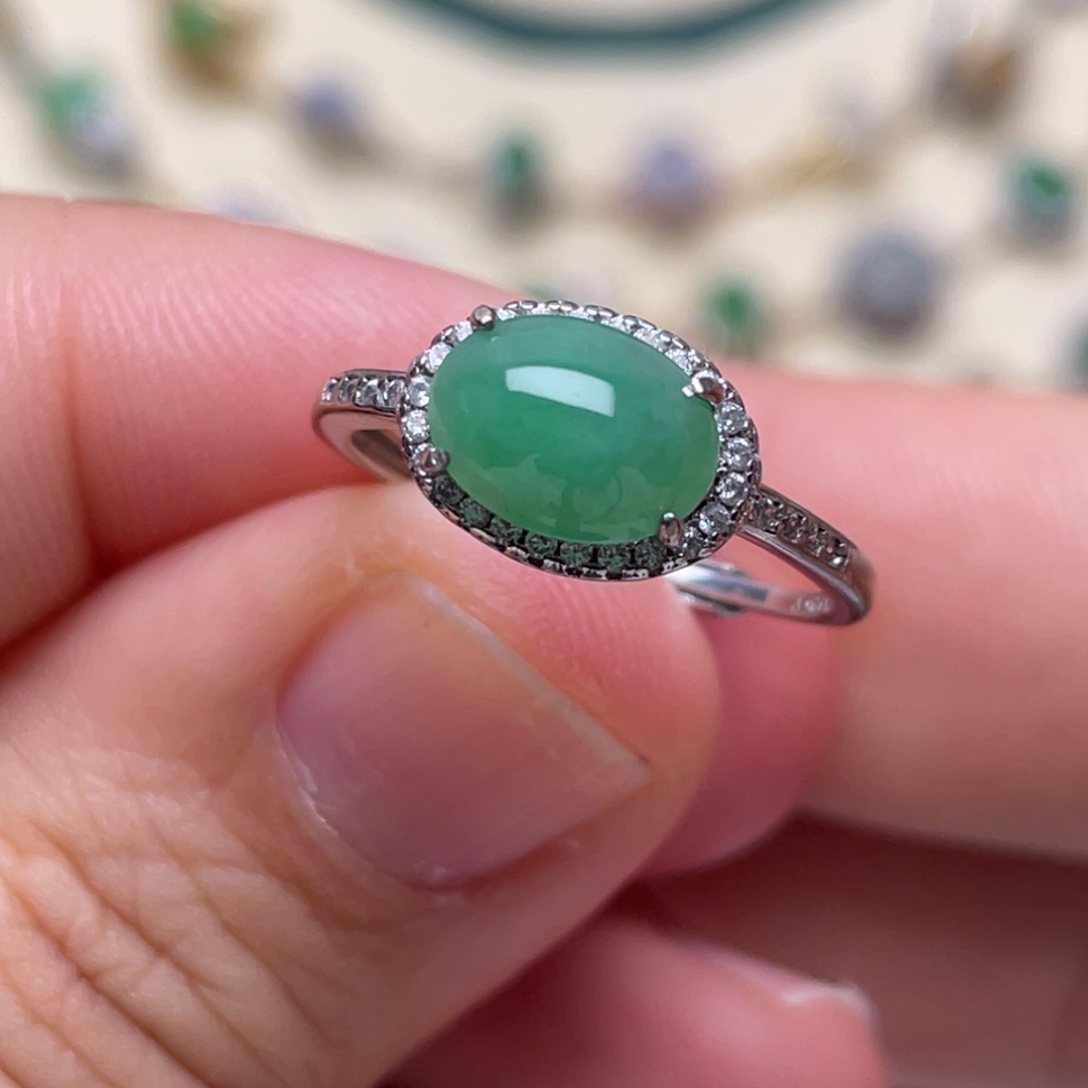 翡翠戒指银S925镶嵌纯天然缅甸翡翠