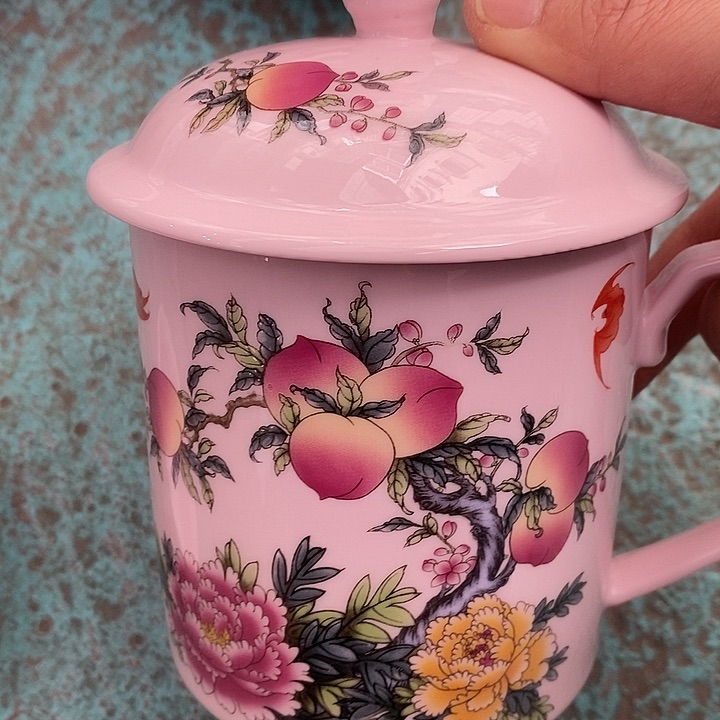 摆件陶红稀土寿桃直筒办公杯