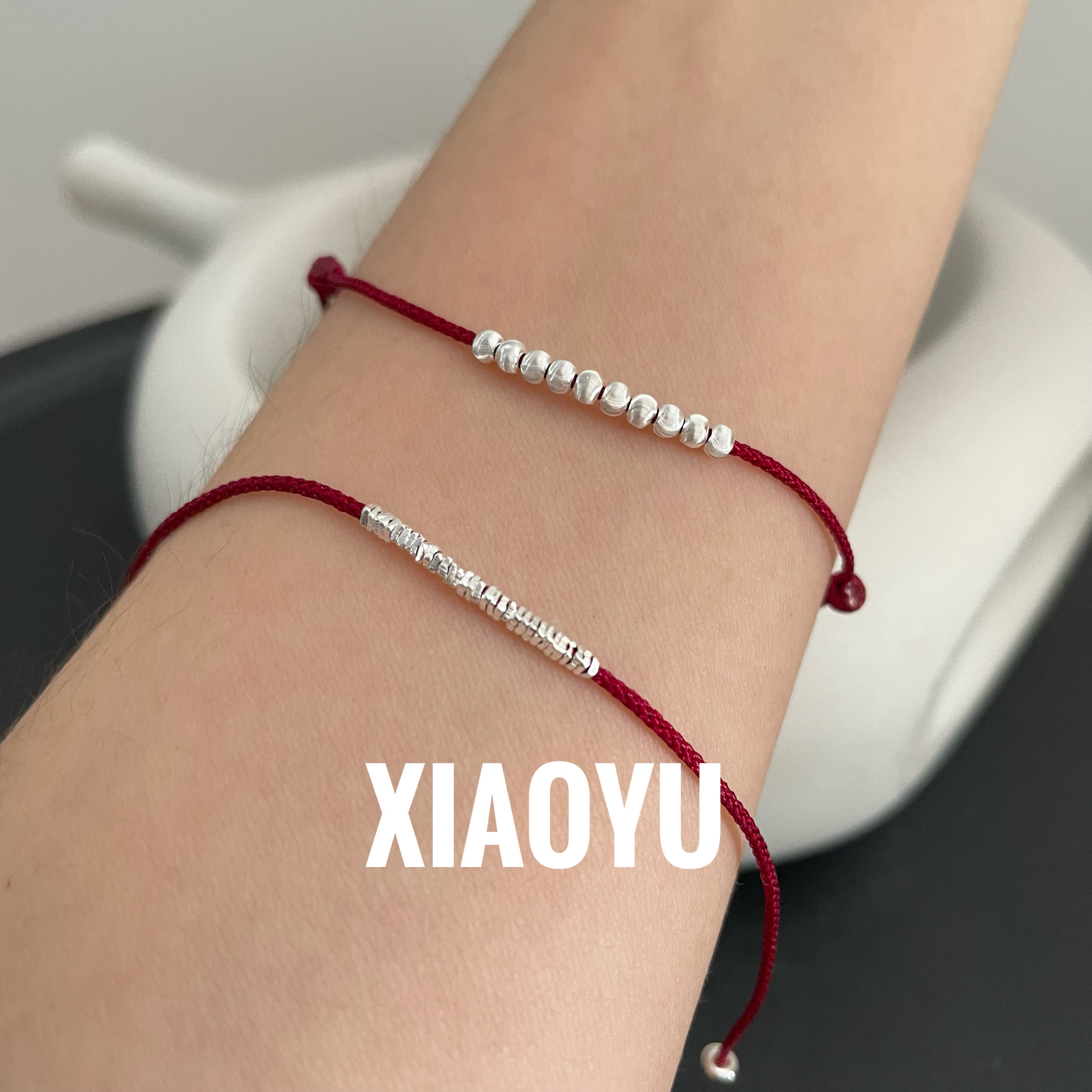 925银手链 新年手工编织极细简约碎银子红绳手链情侣抽拉调节手串