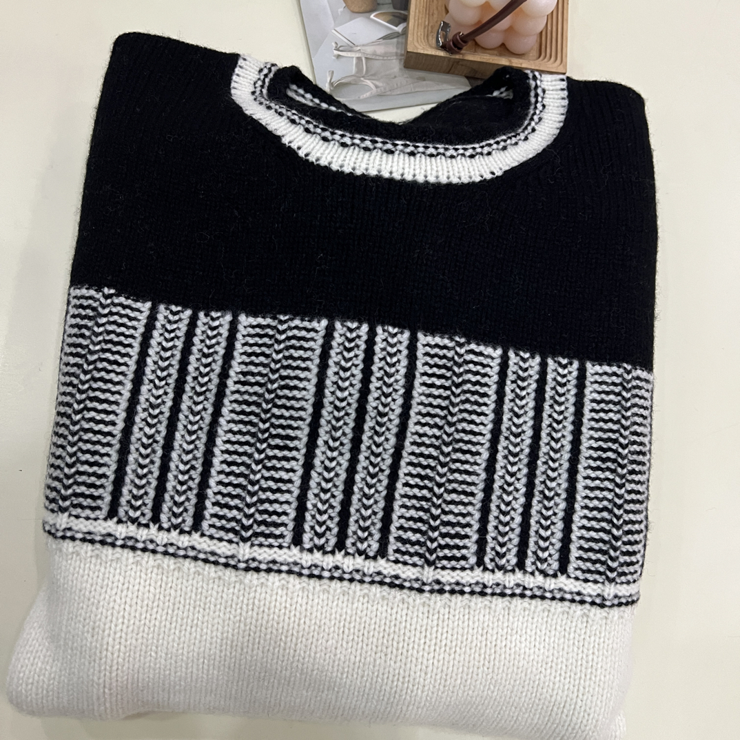 绒品 韩系拼色条纹加厚大版套头针织衫
