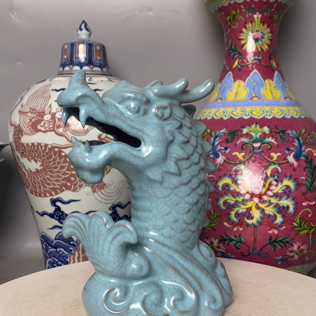 摆件天蓝釉汝窑鱼化龙摆件