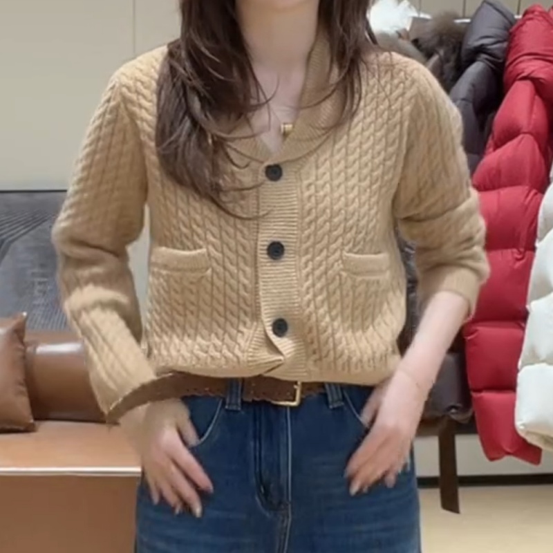 韩版绞花翻领单排扣毛衣长袖针织纯色上衣LK2509247