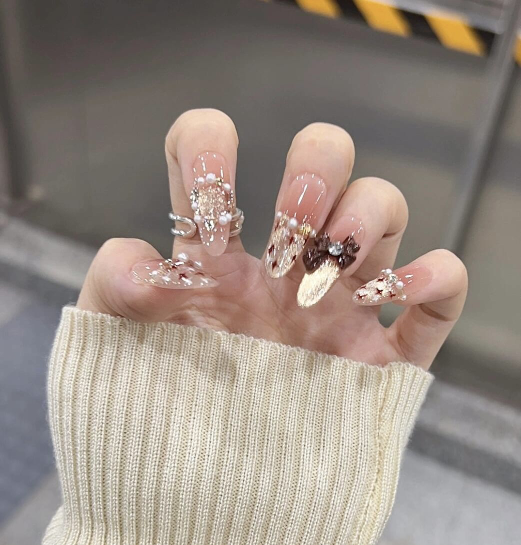 【可可千金专拍】小香风立体蝴蝶结二表哥纯手工穿戴甲高级感美甲