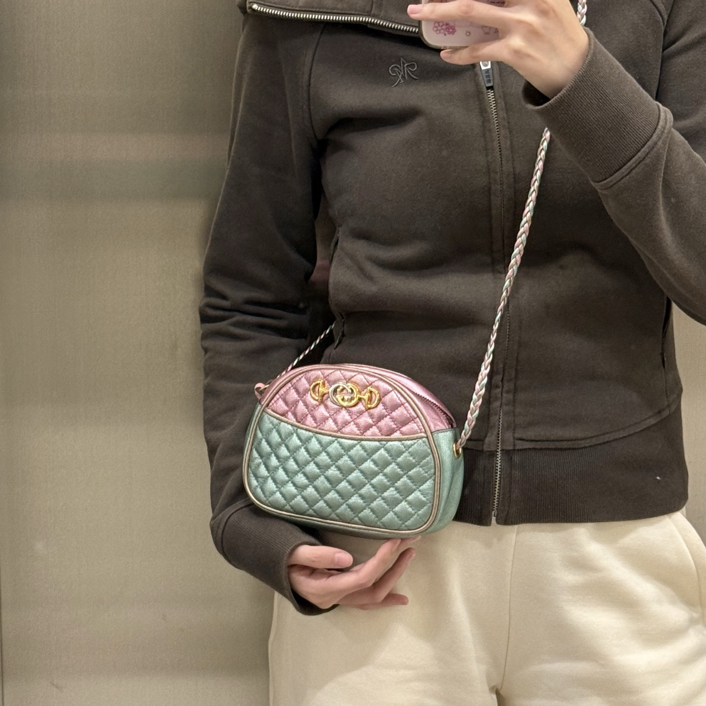 95新 GUCCI/古驰 gucci粉绿拼色斜挎包链条包