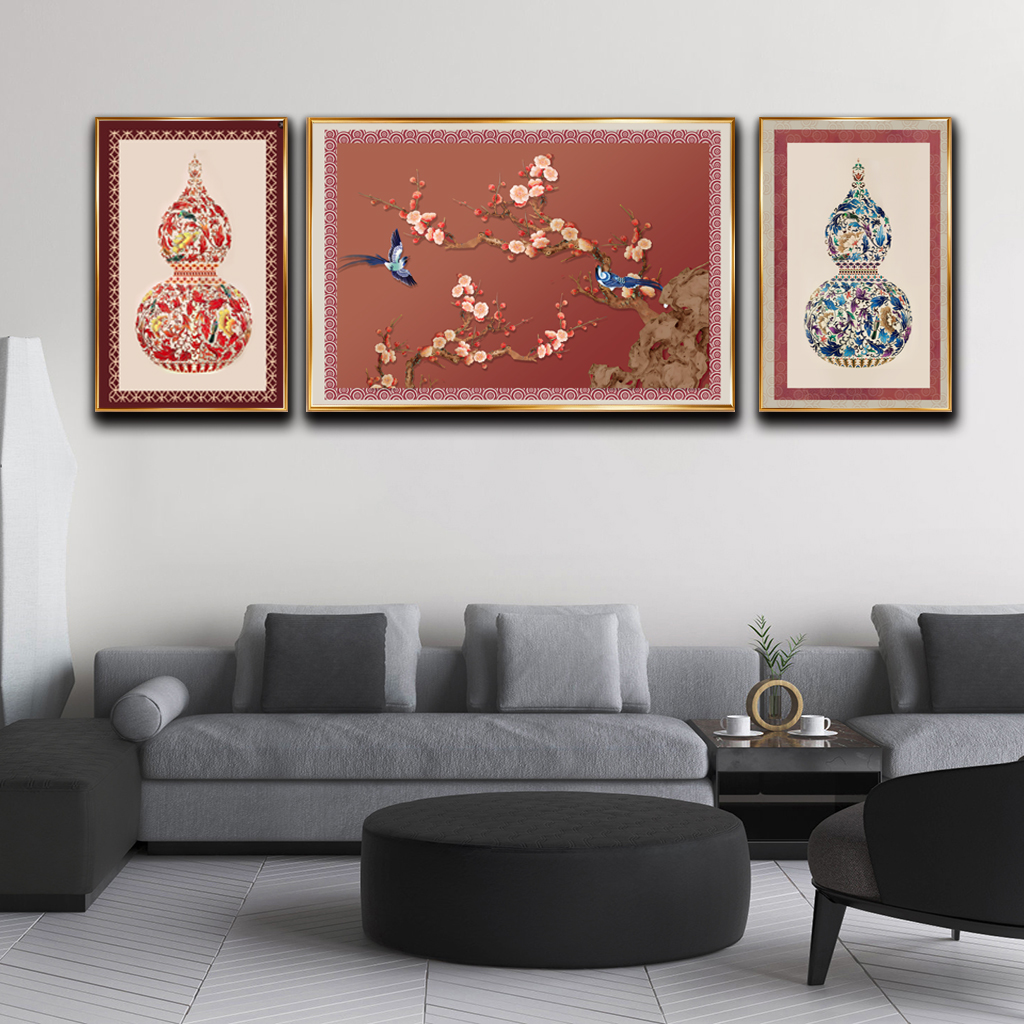 网红新中式葫芦三联装饰画客厅沙发背景墙餐厅餐桌壁画高级感