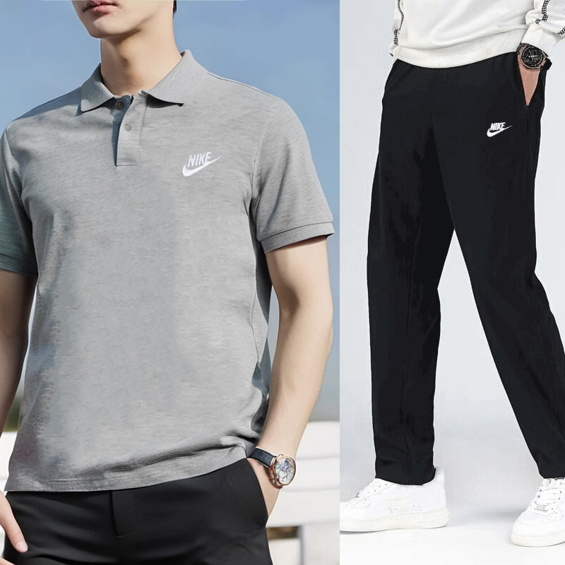 Nike耐克运动套装男新款户外时尚休闲POLO衫半袖灰色T恤直筒长裤