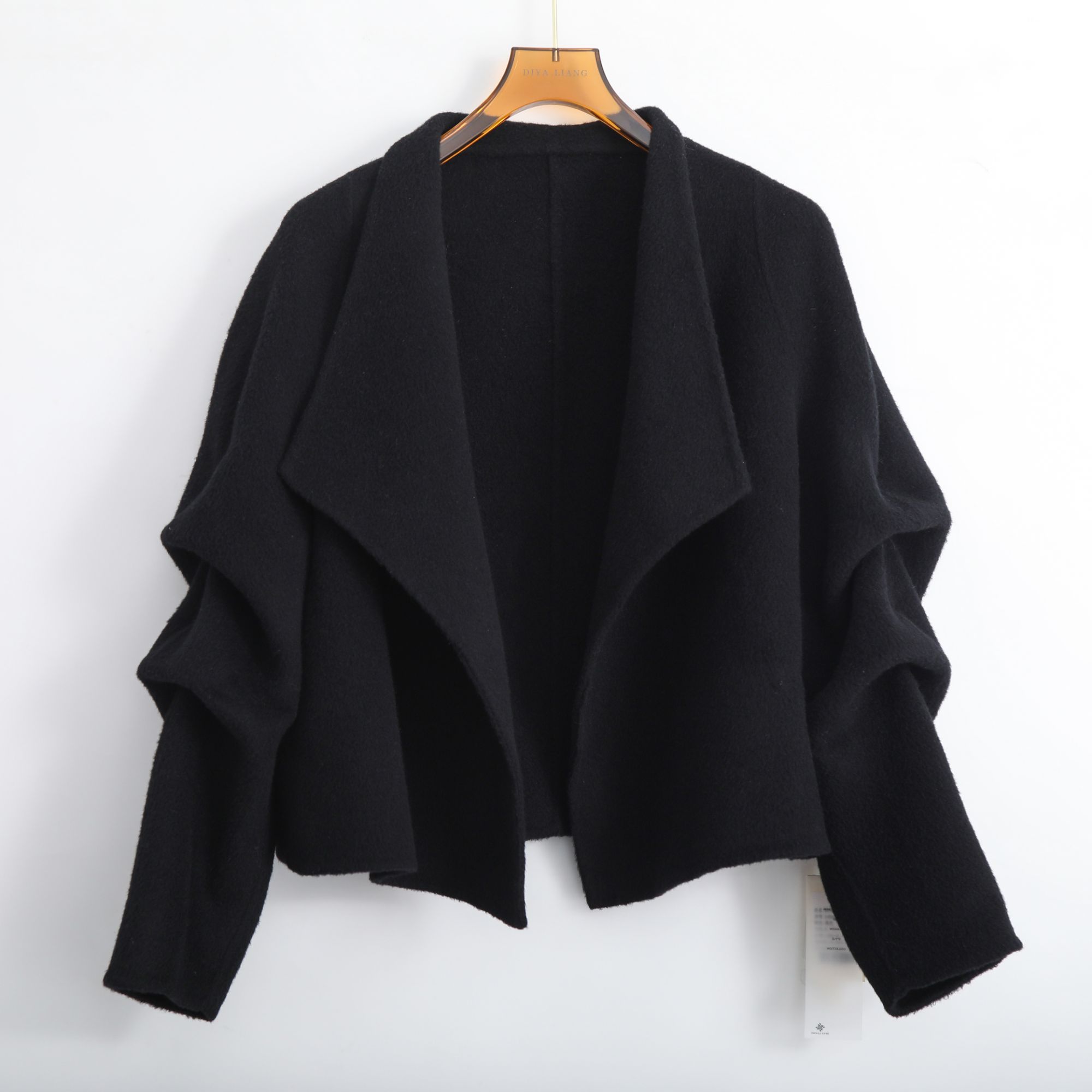 青果领纯色长袖常规袖短款短外套黑色双面呢气质毛呢8056