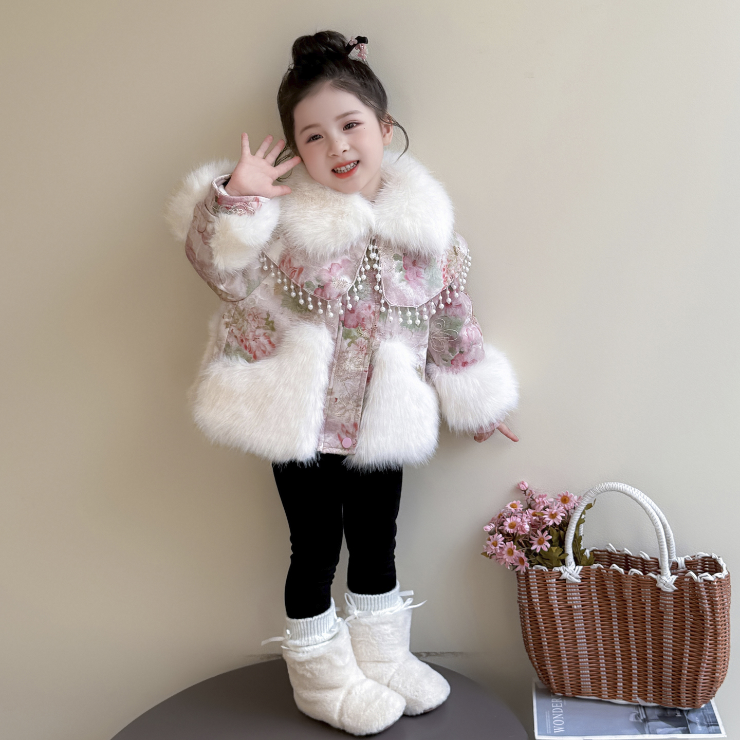 女童加绒仿皮草国风外套秋冬款2025新款儿童加厚上衣洋气女孩棉袄
