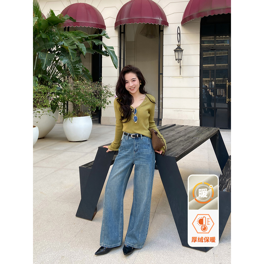 【经典重塑】秋冬浅色小个子加厚窄版直筒阔腿裤加绒牛仔裤新款裤子