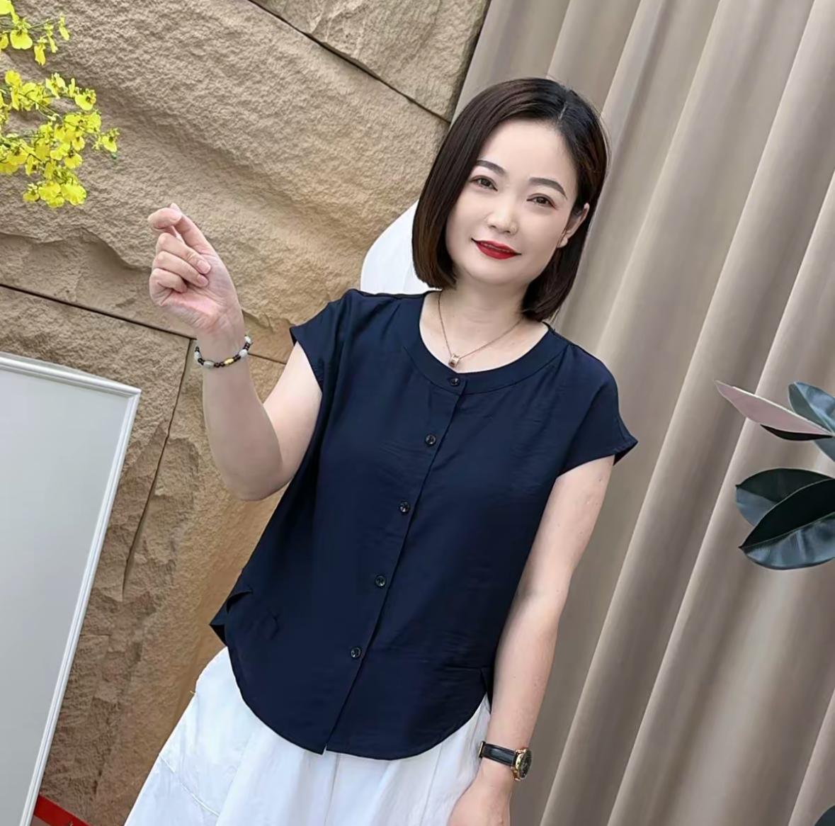 A717圆领开衫夏季宽松薄款女士衬衫休闲上衣显瘦纯色大码百搭时尚