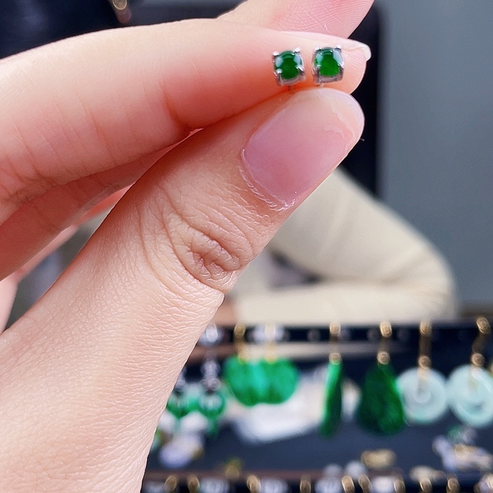 翡翠耳饰银S925镶嵌饰品