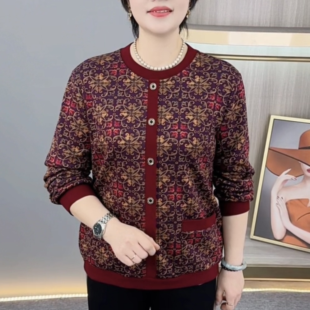 秋冬新款时尚圆领印花口袋中老年妈妈装休闲加绒保暖上衣H9998