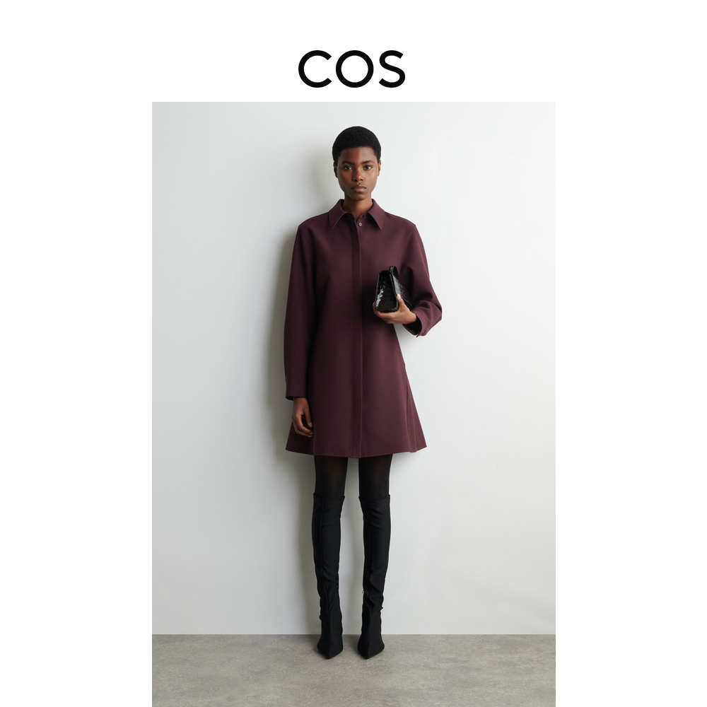 COS女装 标准版型长袖衬衫式连衣裙酒红色2025冬季新品1312668002