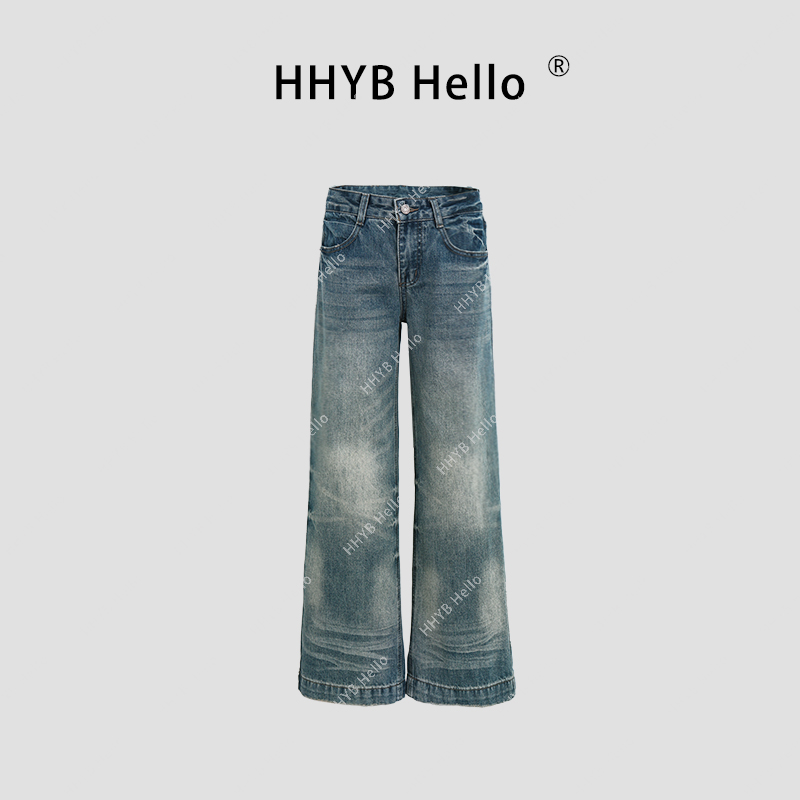 HHYB Hello新款复古水洗直筒阔腿宽松休闲裤子牛仔裤Q254092