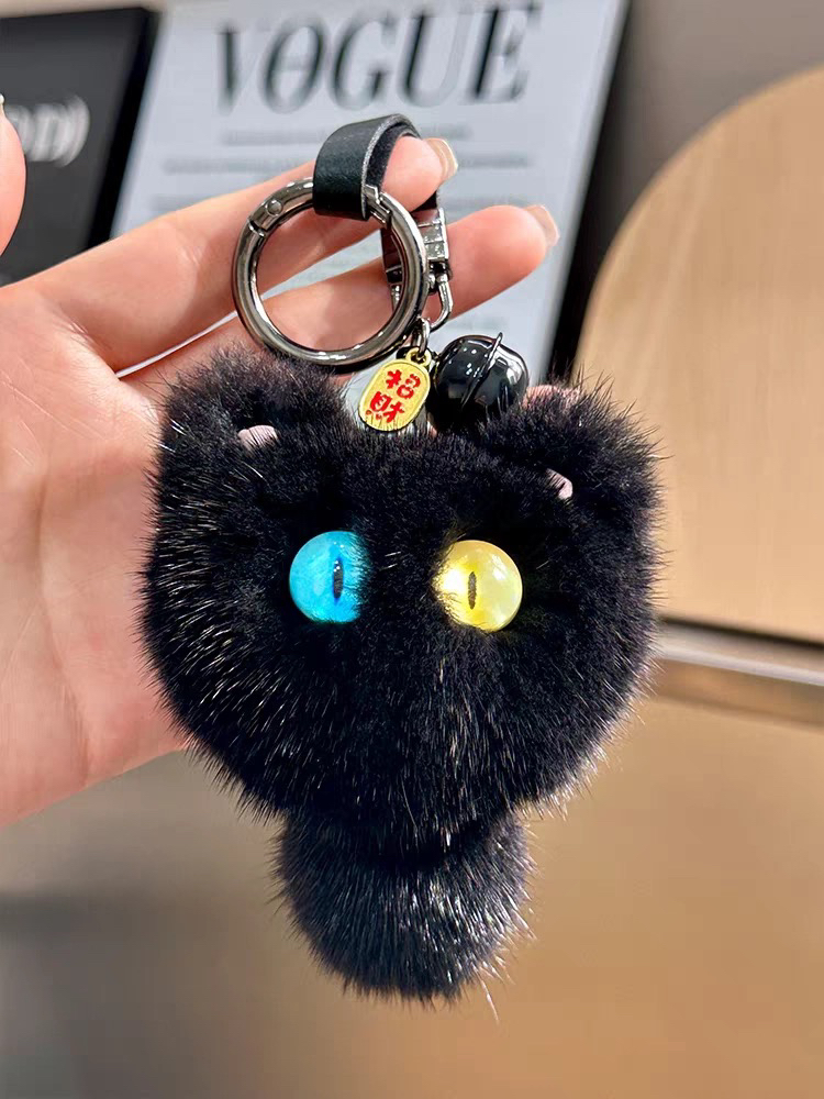 毛绒高端水貂毛小黑猫异瞳黑色钥匙扣挂件车挂饰书包最新款挂饰女
