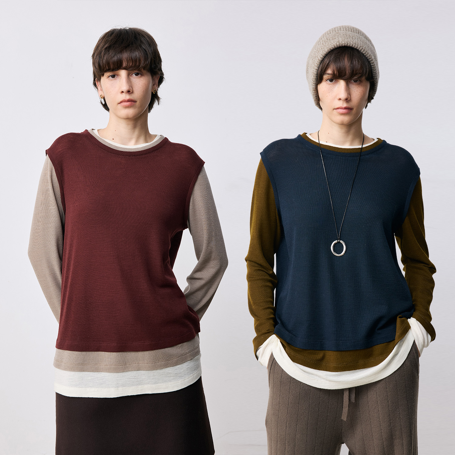 MARIUS"MIU小叠"高支美利奴羊毛解构主义叠穿感拼色假三件T恤