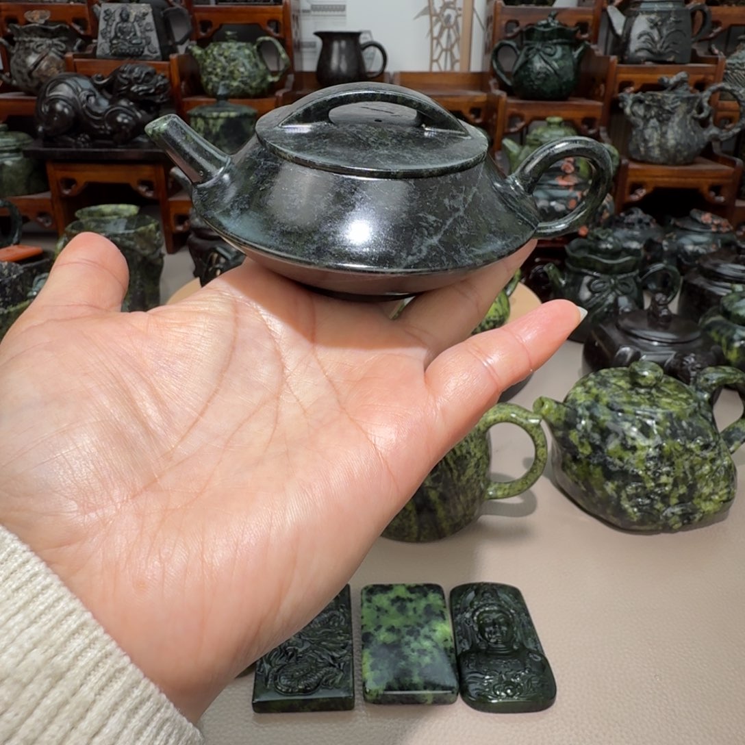征***荣蛇纹石玉未镶嵌藏玉药王石精美茶壶