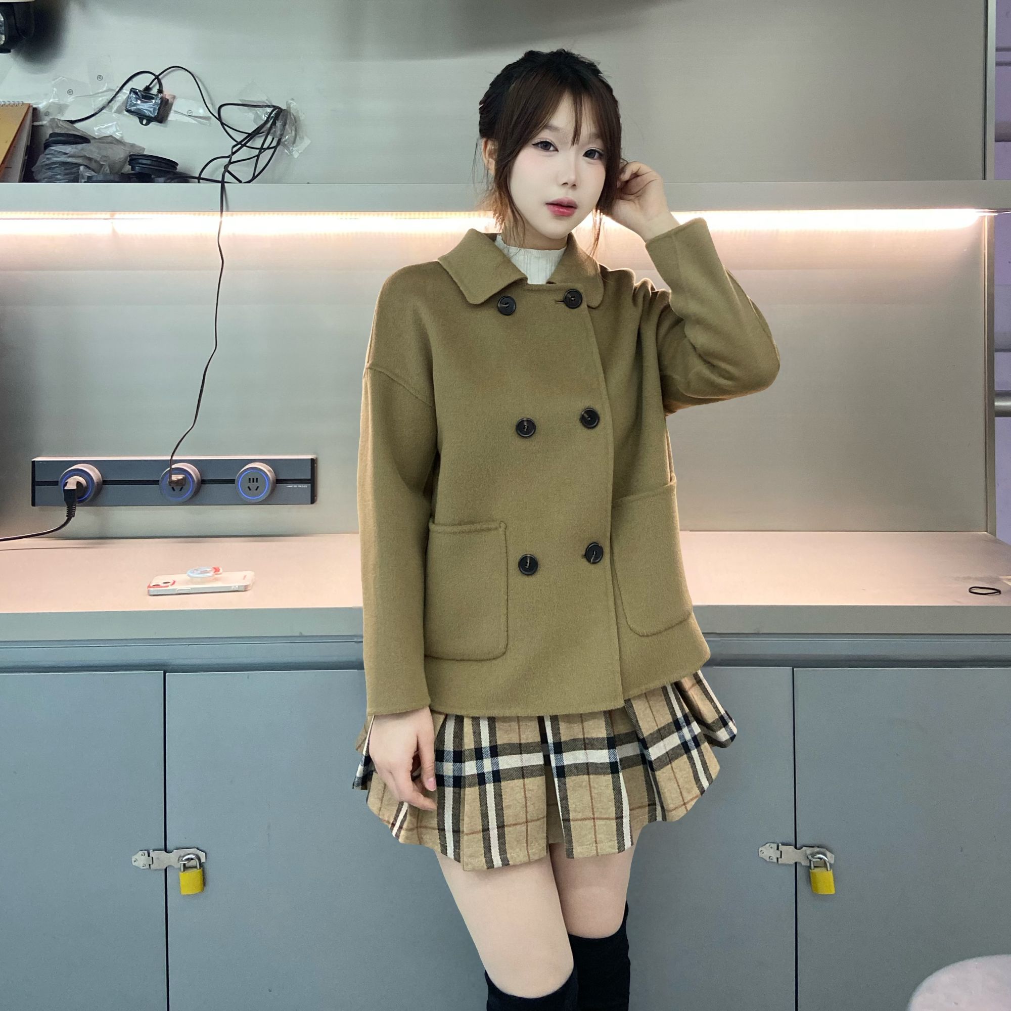 秋冬100%绵羊毛时尚百搭短款毛呢外套女2201