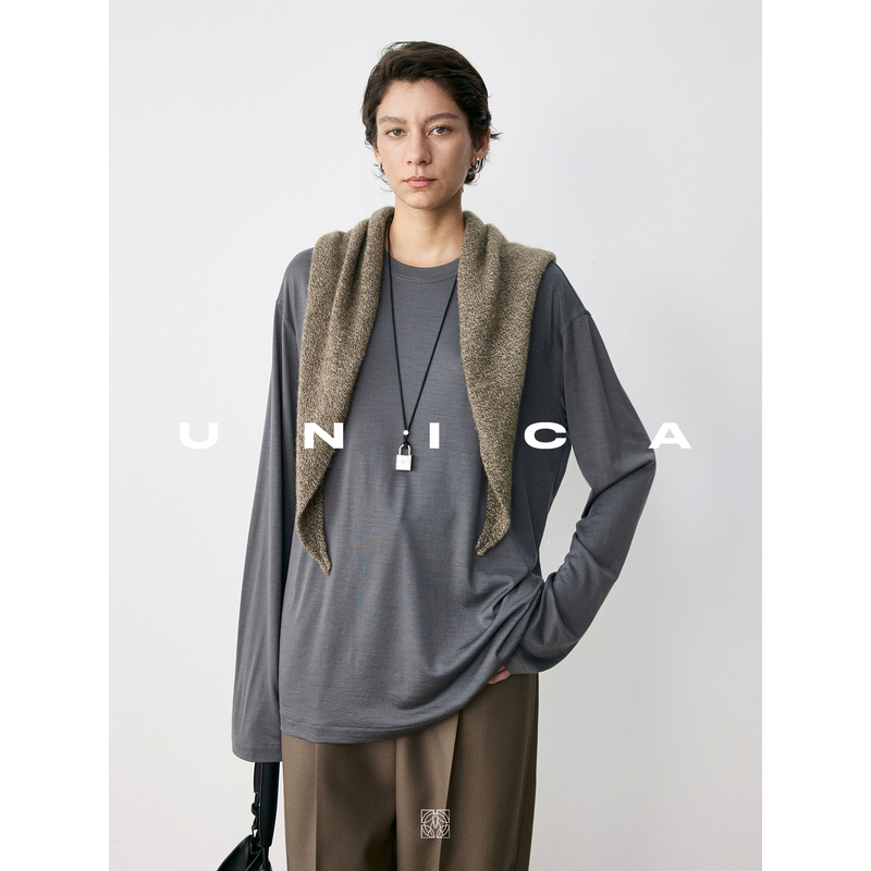 UNICA/奢宠丝光定纺黄金羊毛松弛感松身空气长袖T恤