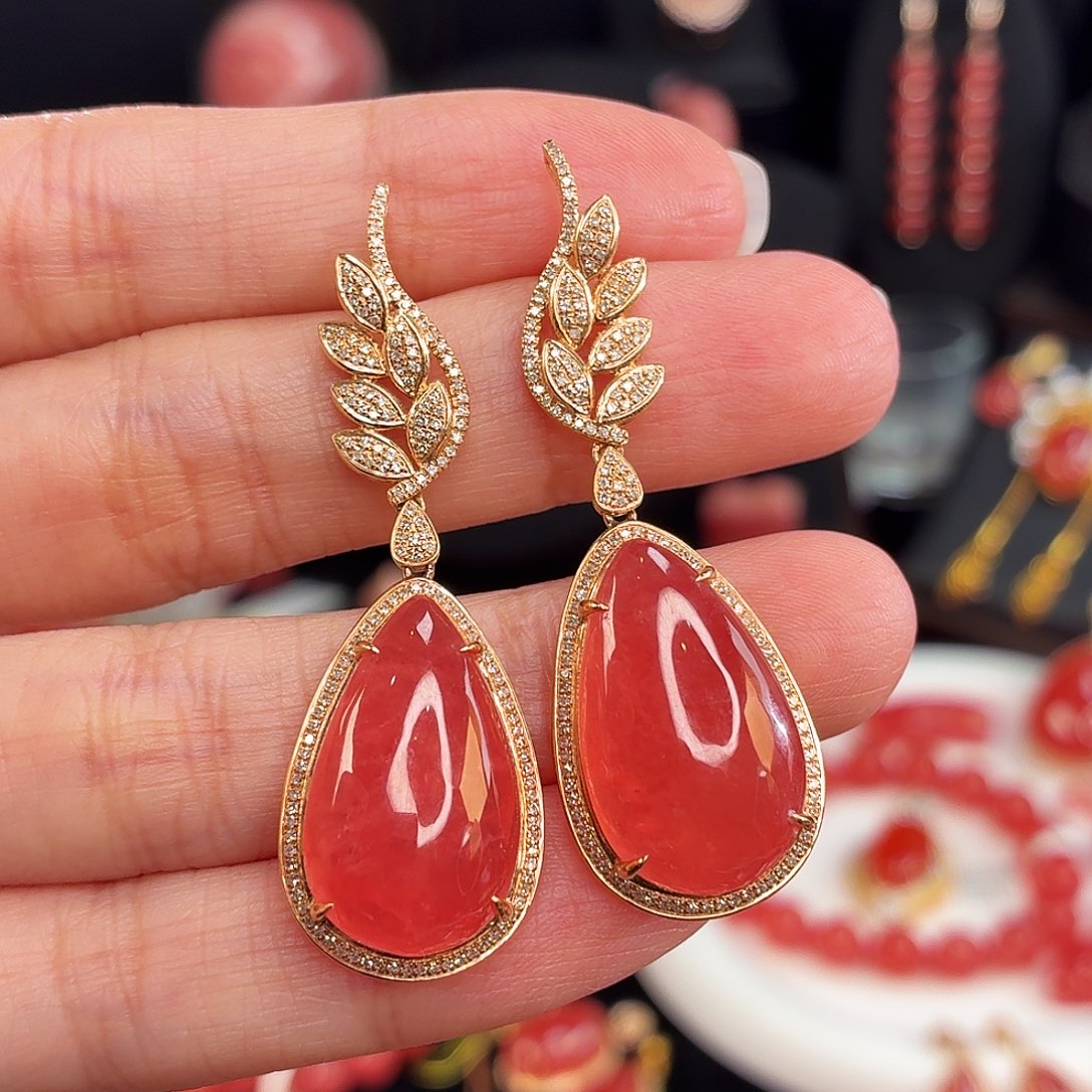 菱锰矿（红纹石）18K金镶嵌耳坠高冰