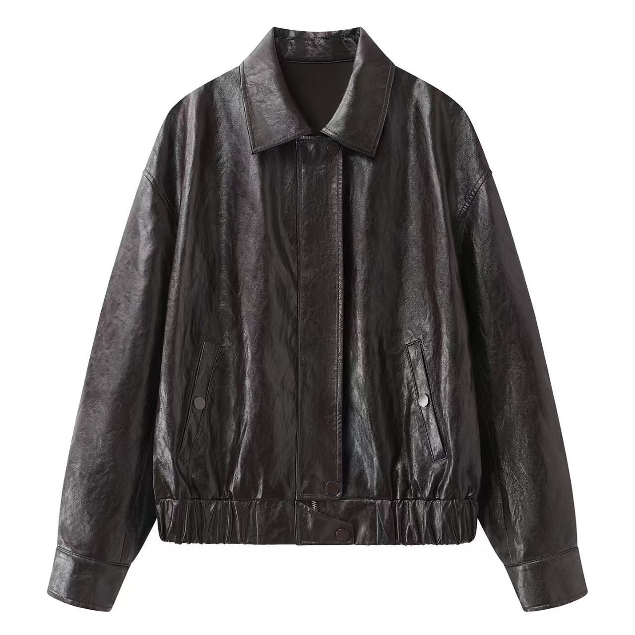 艾家商场同款2026春新款翻领短款皮衣外套休闲百搭夹克上衣女1128