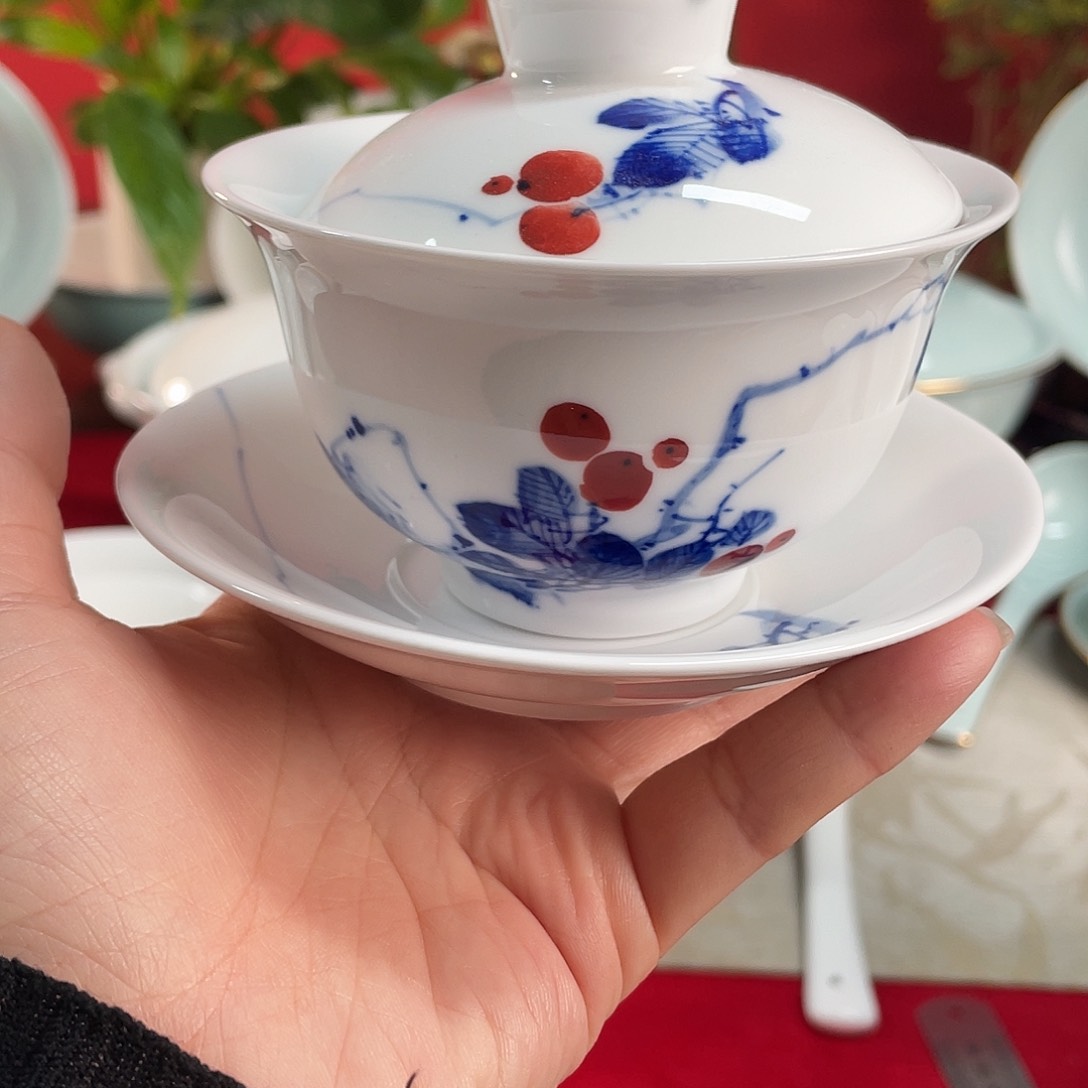 手工手绘三才青花盖碗