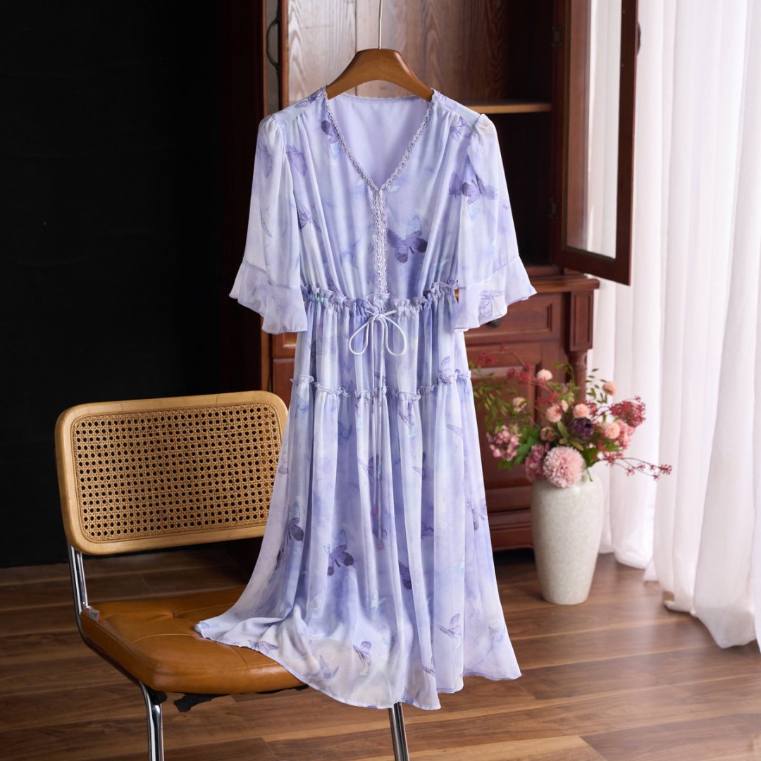 涟画（梦幻蝴蝶） 2025年蚕丝刺绣印花时尚洋气显瘦高腰连衣裙